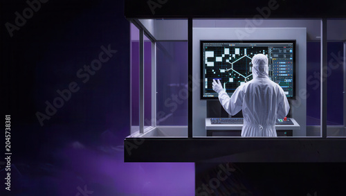 Cleanroom engineer analyzing semiconductor wafer layout on touchscreen monitor, focused and precise in sterile lab environment