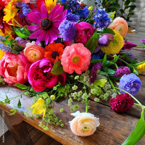 Bright Flowers Arranged on a Wooden Table in Daylight With Colorful Blooms Co...
