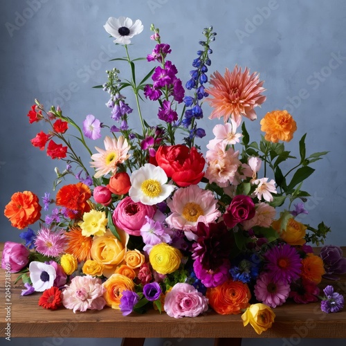 Colorful Flowers Arranged on a Wooden Table for Display at a Market or Event ...