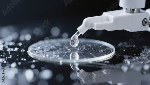Transparent circular lens with precise droplet deposition on surface conveying careful scientific process and cool mood