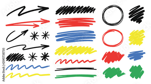 Cuadro en lienzo Hand drawn marker arrows, circles and highlight scribble set