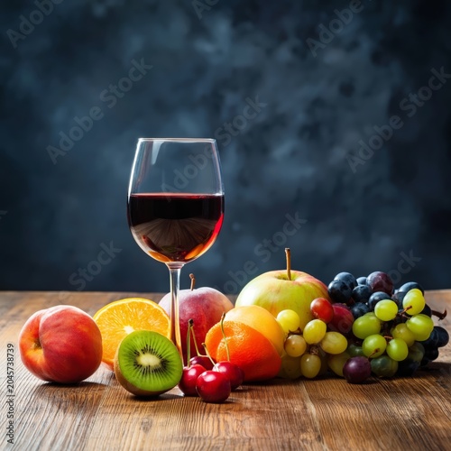 Wine Glass With Fruits on Wooden Table Against Dark Background During Evening...