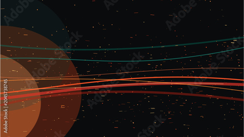 Abstract retro scifi space background with planetary orbits, stars, and glowing curved lines on dark background