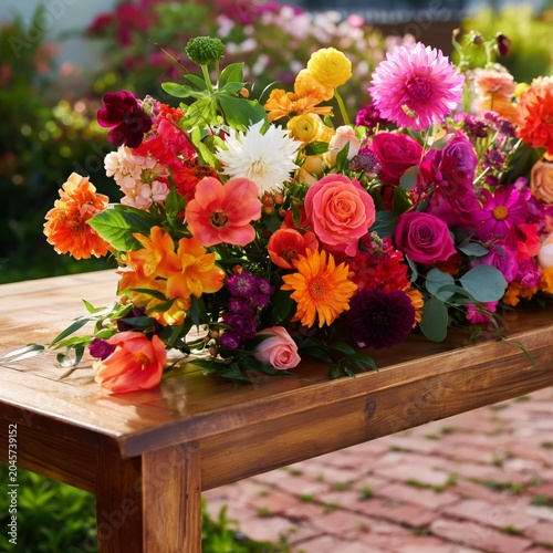 Bright Flowers in a Bowl on a Wooden Table in a Garden Setting During Dayligh...