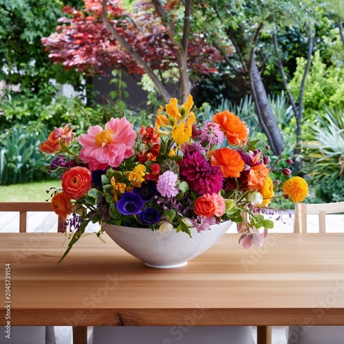 Bright Flowers in a Bowl on a Wooden Table in a Garden Setting During Dayligh...