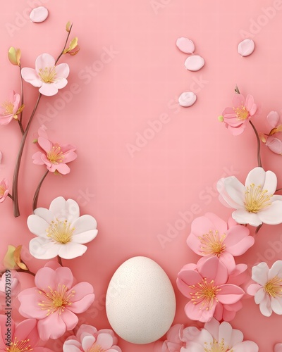 Elegant Easter Egg with Cherry Blossom Flowers on Pink Background