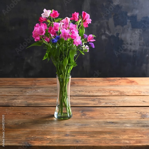 Bright Flowers in a Glass Vase on a Wooden Table With Soft Light