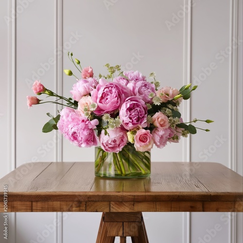Pink Flowers in a Clear Vase on a Wooden Table Against a Dark Blue Wall