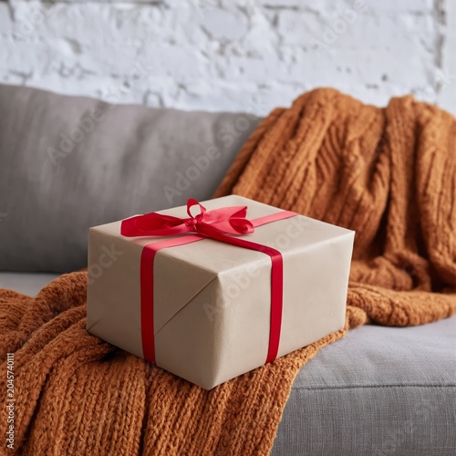 Gift Box on Gray Couch With Orange Blanket in a Cozy Indoor Setting