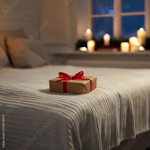 Gift Box on the Bed With Candles in the Background and Soft Light in the Evening