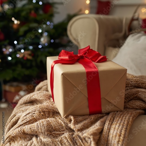 Holiday Gift Wrapped in Brown Paper With Red Ribbon on a Couch Near a Decorat...