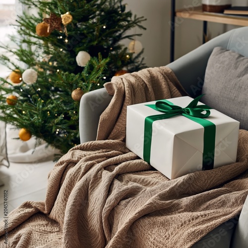 Holiday Gift Wrapped in Brown Paper With Red Ribbon on a Couch Near a Decorat...
