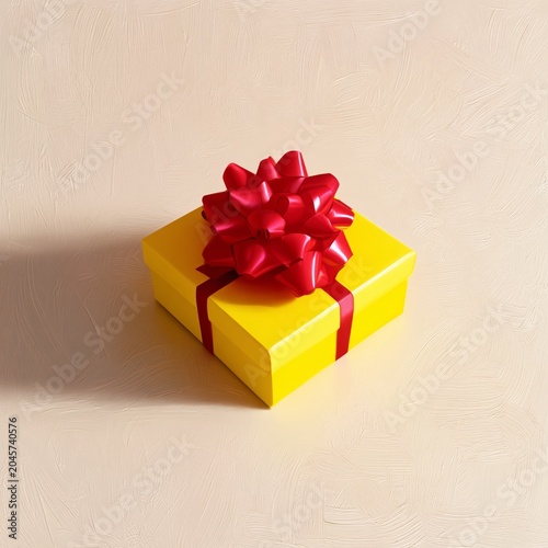 Gift Box Wrapped With Red Ribbon Sitting on a Neutral Background Indoors
