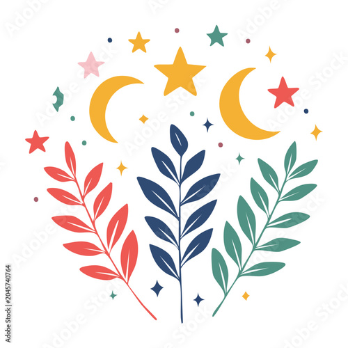 Flat design illustration of moon, stars and leaves