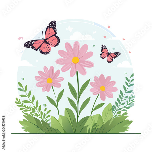 Pink flowers and butterflies in a garden setting