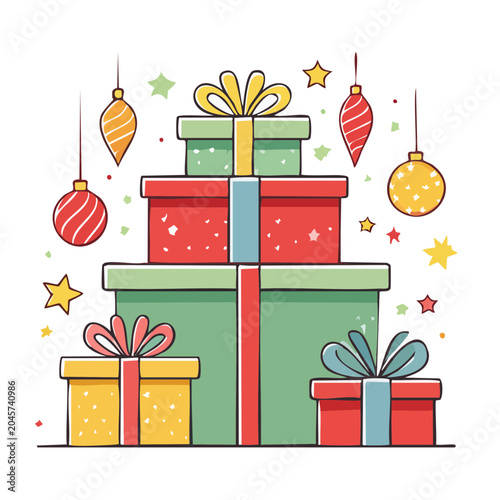 Stack of Christmas Gift Boxes with Ornaments and Stars