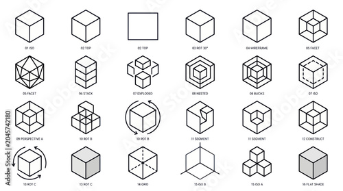 Cuadro en lienzo Geometric Shapes, Cubes and 3D Renderings, Wireframe and Isometric Views