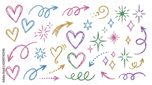 Φωτογραφία Colorful glitter doodle hearts arrows and star elements set