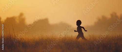 Child running freely in a golden sunset.