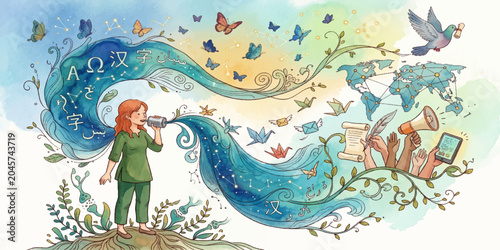 Tableau sur toile The Power of Communication: A woman channels words, symbols, and ideas into a vibrant stream, creating a global tapestry of connection and inspiration