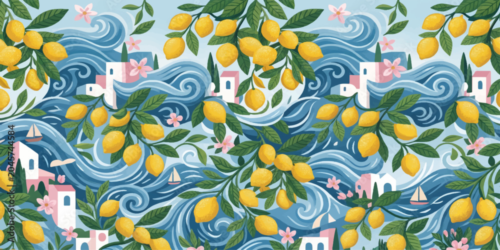 Obraz premium Coastal Breeze Citrus Grove: An artistic illustration captures a vibrant scene of a lemon grove overlooking a lively coastline, with stylized waves, sailing boats.