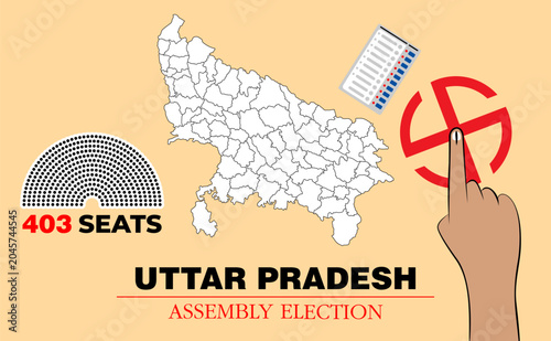 Fotografie Uttar Pradesh Legislative Assembly election banner, UP map outline with voter hand and EVM machine