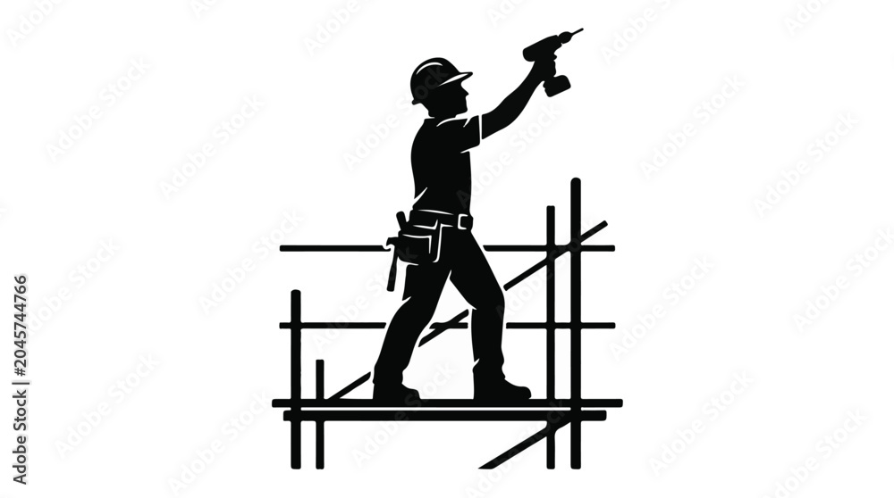 Naklejka premium Silhouette of a construction worker with a drill