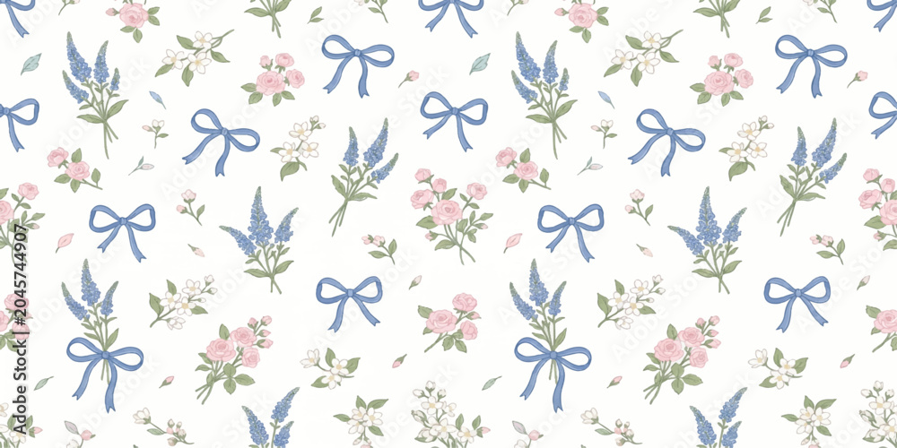 Fototapeta premium Pastel Floral Pattern with Bows: A charming seamless pattern featuring delicate pastel roses, lavender sprigs, and small white flowers, interspersed with playful blue bows on a white background.