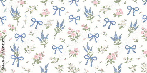 Pastel Floral Pattern with Bows: A charming seamless pattern featuring delicate pastel roses, lavender sprigs, and small white flowers, interspersed with playful blue bows on a white background.