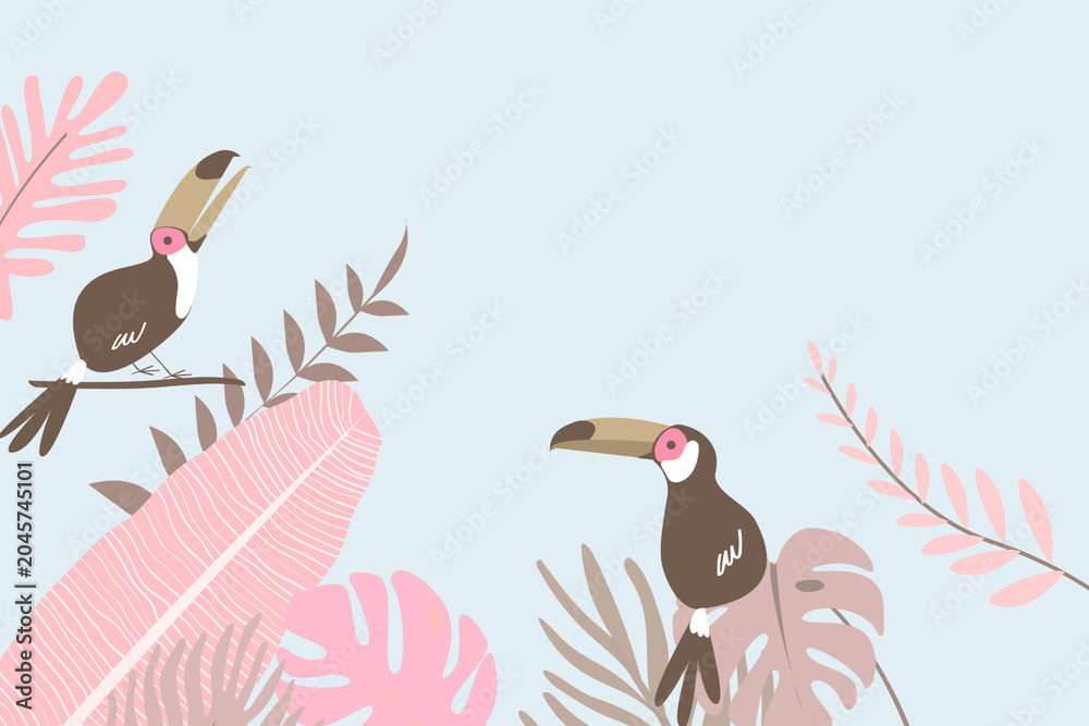 Obraz premium Pastel pink tropical bird border, blue design