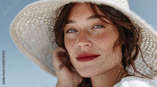 This charming woman's portrait captures her essence, exuding elegance and beauty while adorned in a large sun hat against a soft sky backdrop.