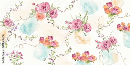 Obraz na plátně Delicate Floral Arrangement: A watercolor painting of various small floral bouquets in light blue and amber vases, intertwined with delicate green vines and lavender sprigs, evoking a soft, romantic