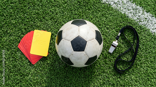 Overhead view of a soccer ball referee cards and whistle on artificial turf field