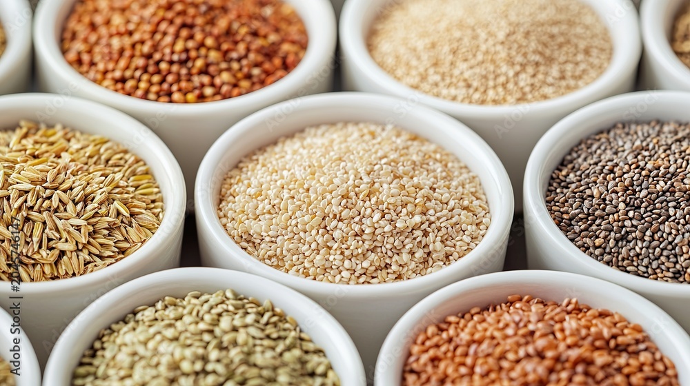 Obraz premium Bowls of various grains and seeds, healthy ingredients, nutrition