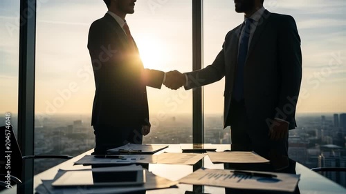 Executive Handshake Businessmen Seal Deal Against Golden City Sunset View.