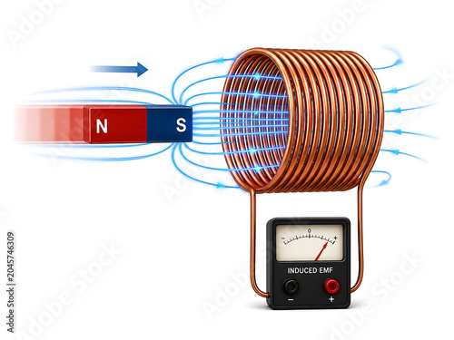 Solenoid with magnet inducing electric current | Electromagnetic induction demonstration | Physics illustration of solenoid and magnetic flux