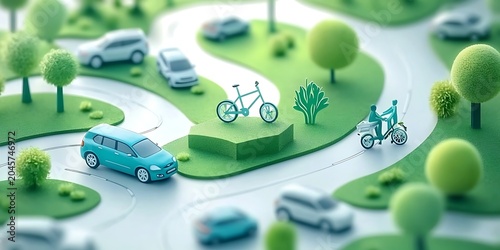 Eco-friendly urban mobility with cars bicycles and scooters on green roads.