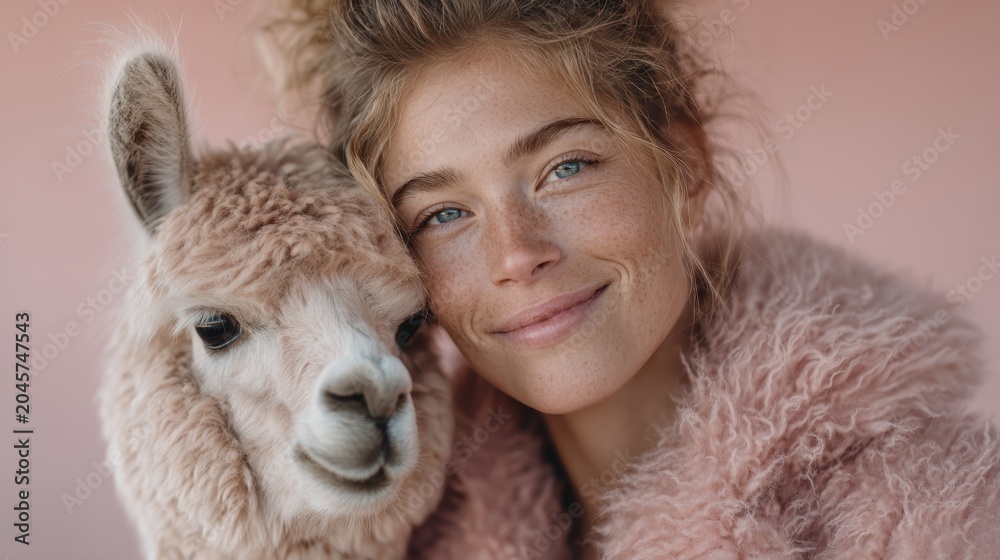 Fototapeta premium A cheerful woman poses with a friendly alpaca, wrapped in a fluffy pink coat, radiating positivity and joy, emphasizing the bond between humans and animals.