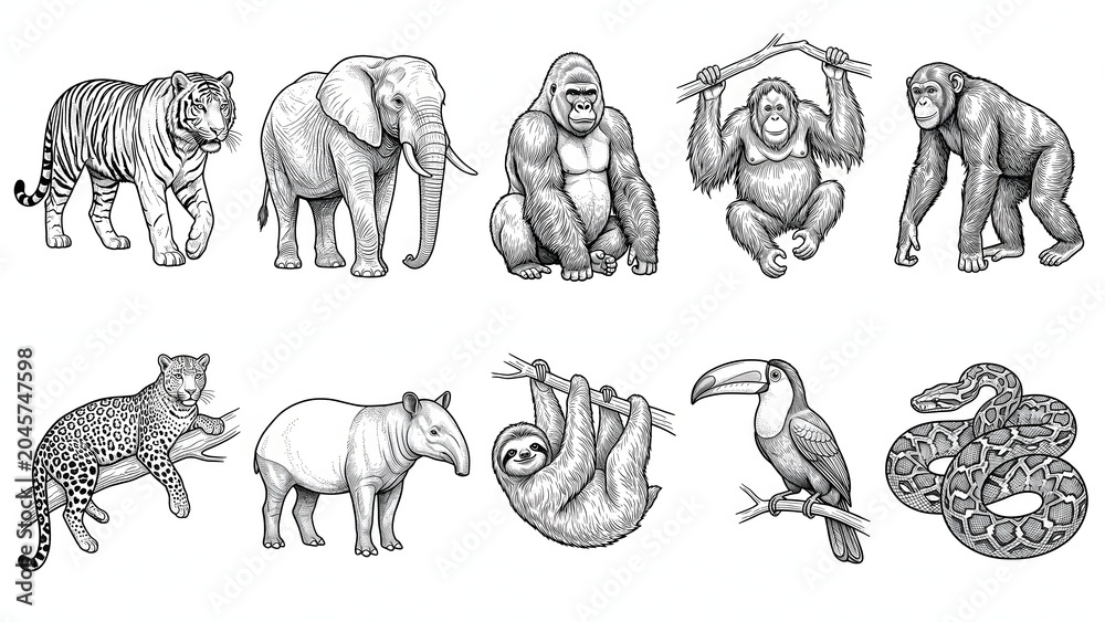 Fototapeta premium Wild jungle and rainforest animals collection black and white coloring page