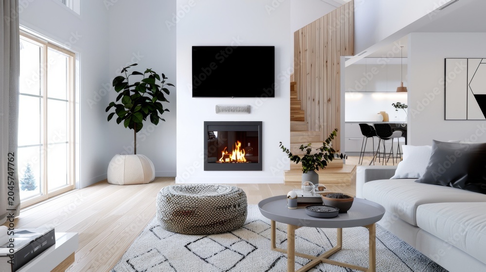 Fototapeta premium Contemporary Living Room with Cozy Fireplace and Modern Decor for Stylish Home Interior Design Inspiration