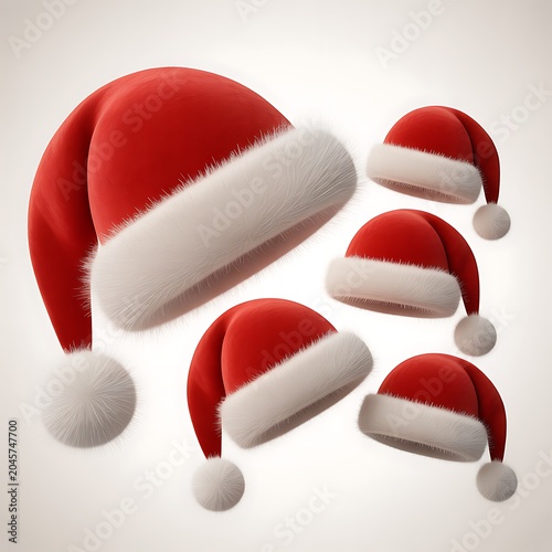 Group of red and white Santa Claus hats in different sizes
