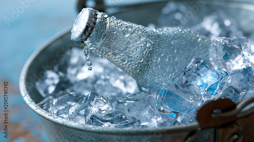 Frosted Glass Bottle Chilled in Metal Bucket Filled with Crushed Ice and Water Drops