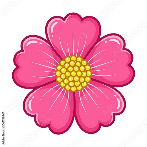 Pink cartoon flower with yellow center on white background