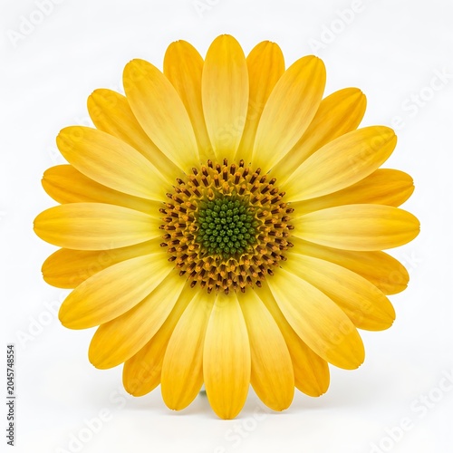 Large bright yellow daisy flower with green center and petals