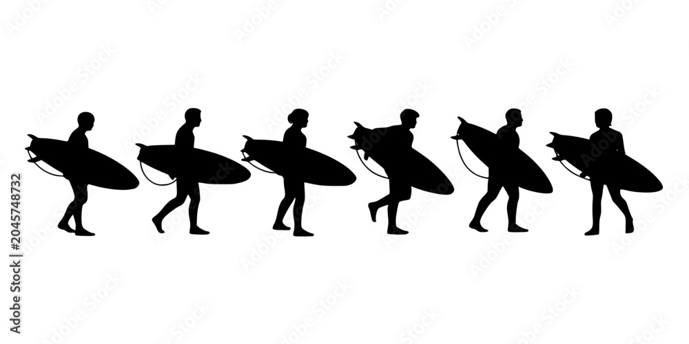 Fototapeta premium Surfers Carrying Surfboards Walking on the Beach in Silhouette Style Featuring Black, White, Outline with Sport and Ocean Elements for Waves, Water