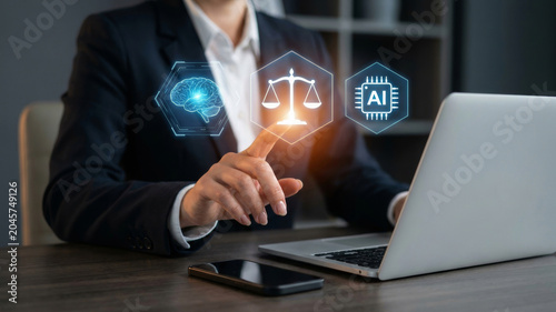 Ai ethics justice law technology society ai ethics transform society legal fairness concept business. future intelligence innovation. algorithm network learning system, justice law policy