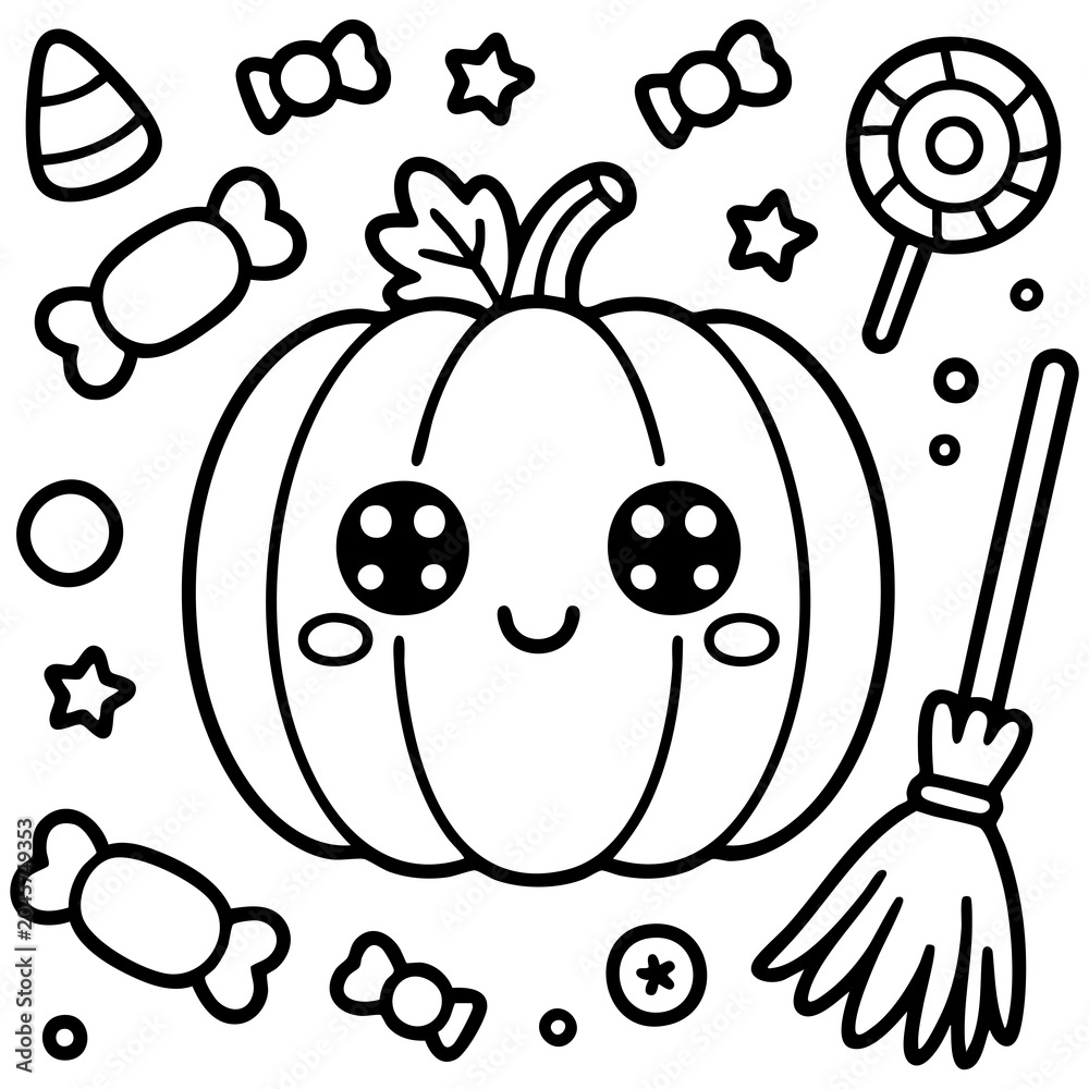 Fototapeta premium Cute Kawaii Pumpkin Character With Halloween Candies Stars and Broomstick Coloring Book Illustration Isolated on a Transparent or White Background