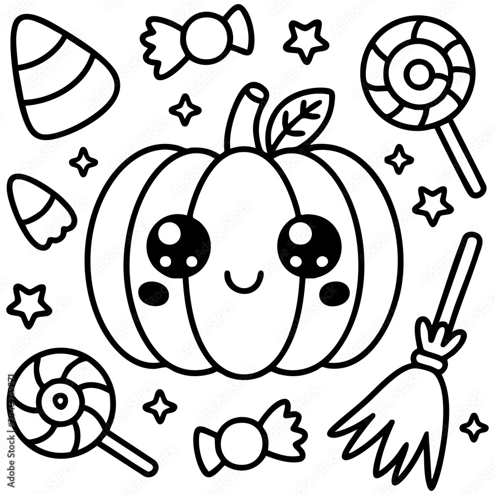 Fototapeta premium Kawaii Halloween Pumpkin With Sparkly Eyes Candy Corn and Broomstick Coloring Page Line Art Isolated on a Transparent or White Background