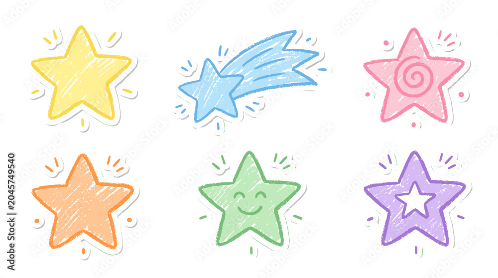 Obraz premium Crayon textured star sticker icon set in colorful hand drawn style