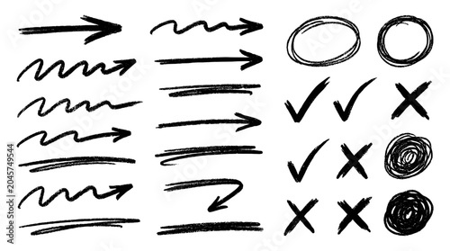 Fotografie Hand drawn marker arrows, circles, check marks, and scribble strokes